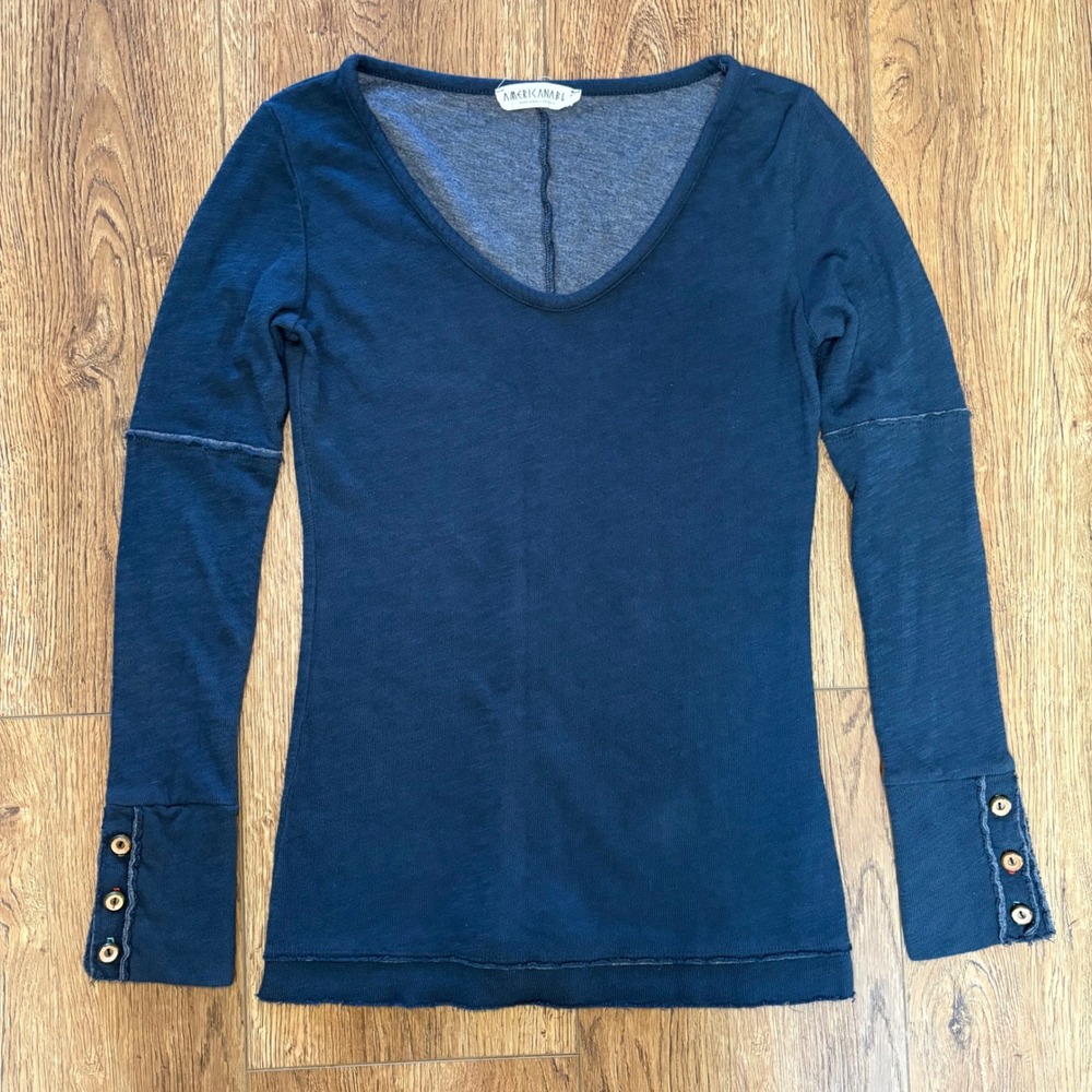 American Able Boho Long Sleeve Top Blue Button Cuff Raw Hem Womens S USA made